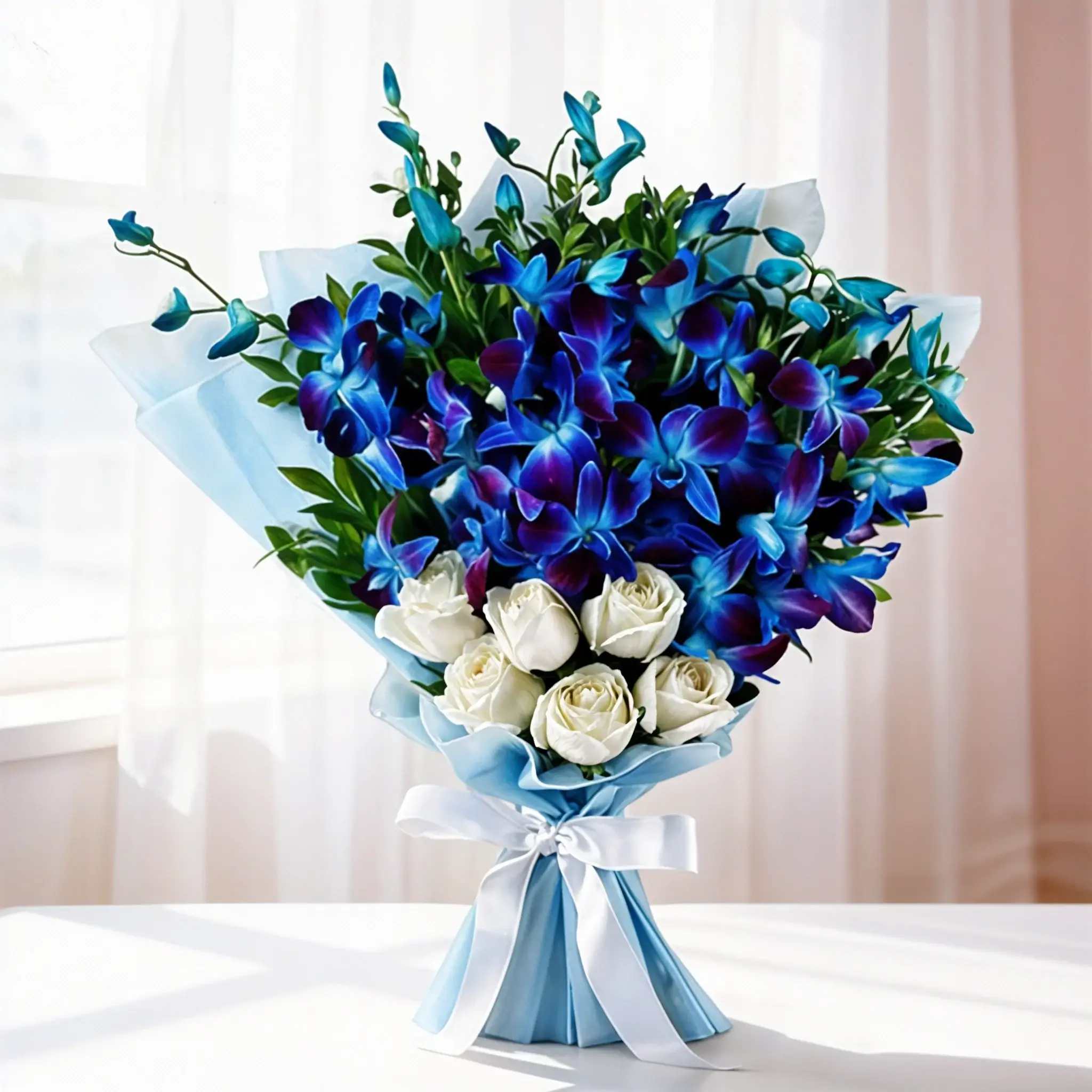 Bouquet of Blue Orchids & White Roses