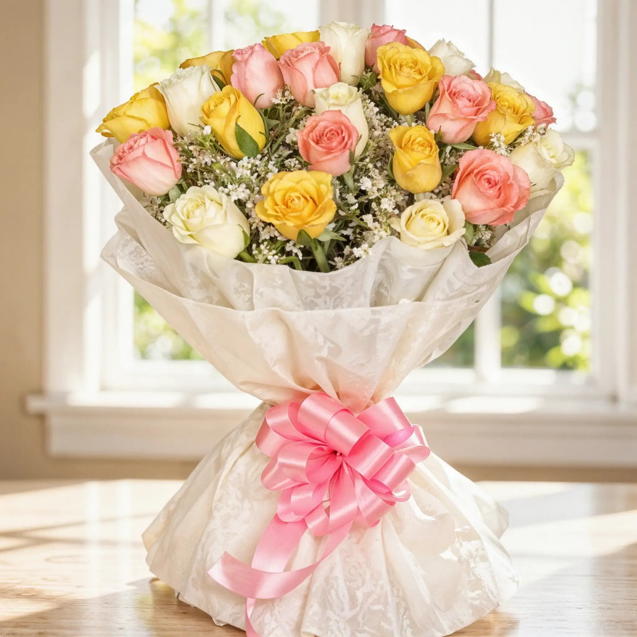 Bouquet of Pink, Yellow & White Roses