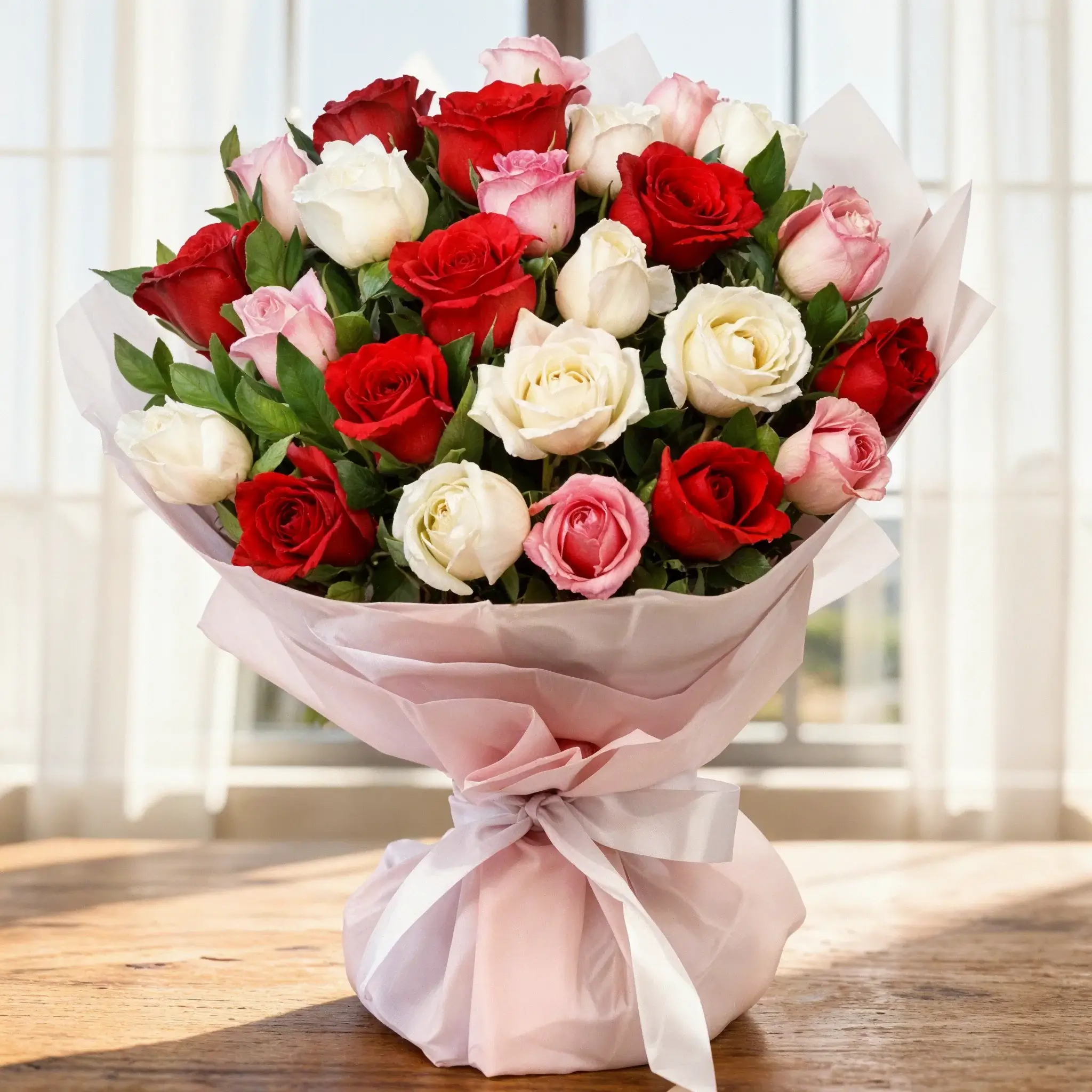 Bouquet of Red, Pink & White Roses