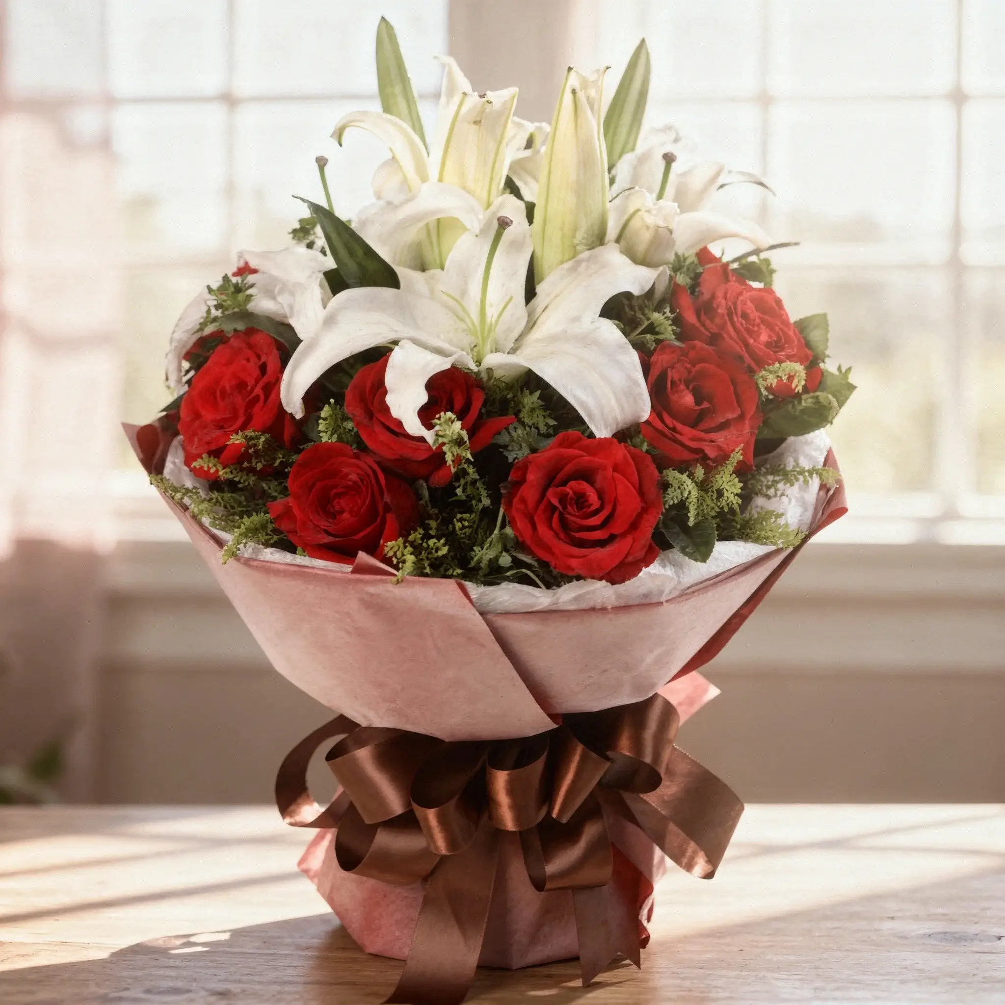 Bouquet of White Lilies & Red Roses