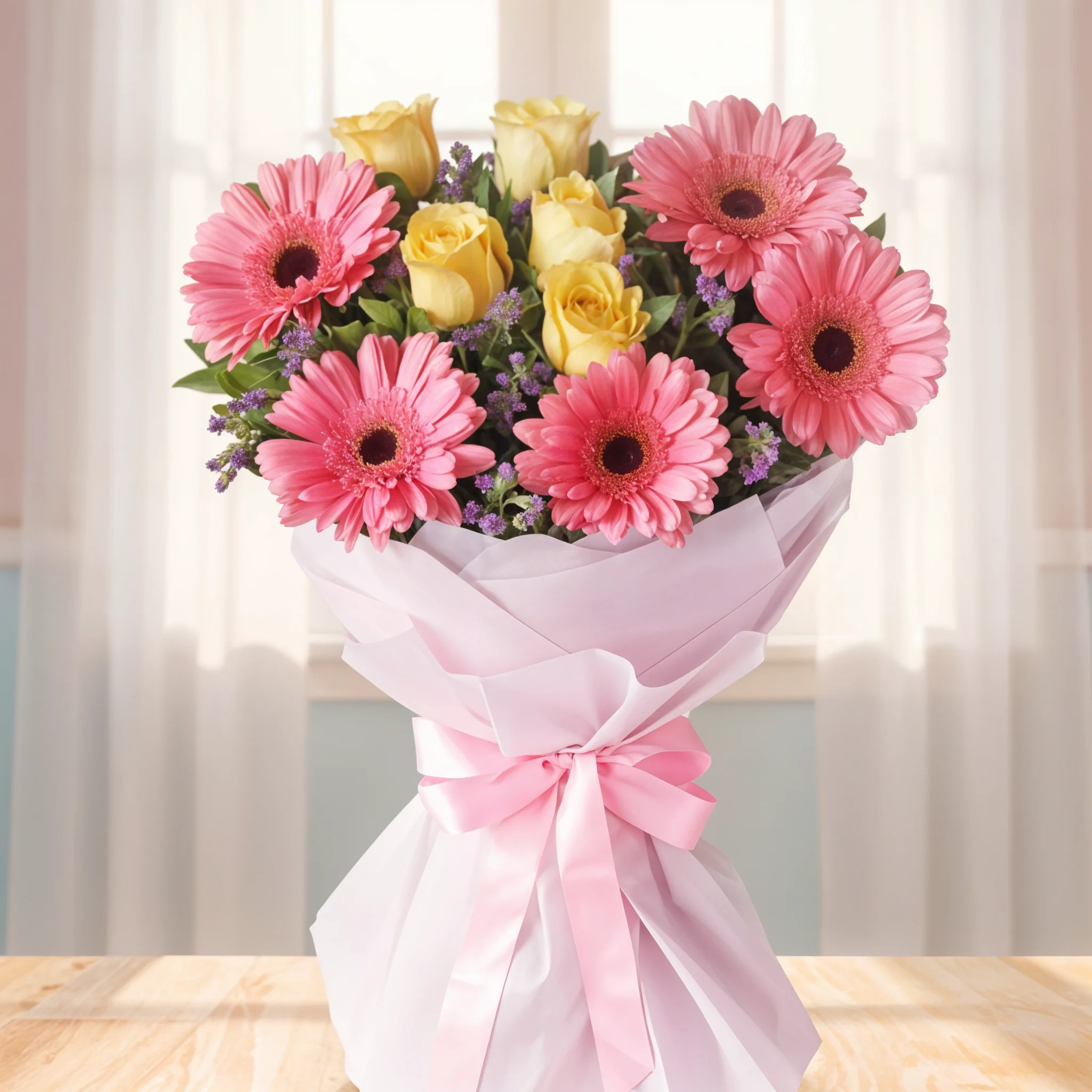 Bouquet of Pink Gerberas & Yellow Roses