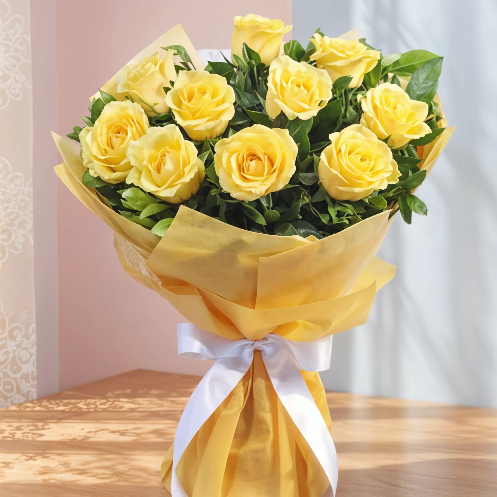 Bouquet of 10 stems of yellow roses with fillers in nice wrapping