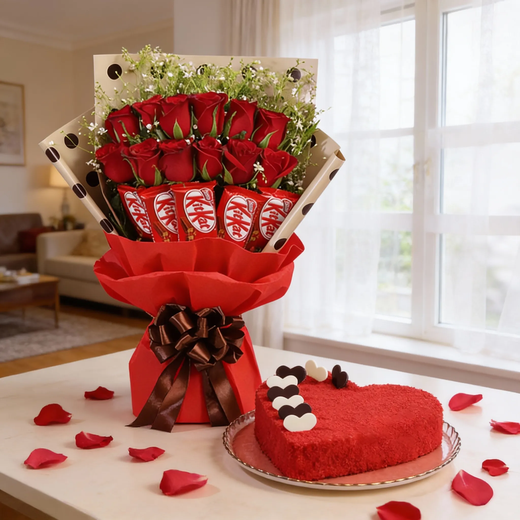 Bouquet and Red Velvet Cake