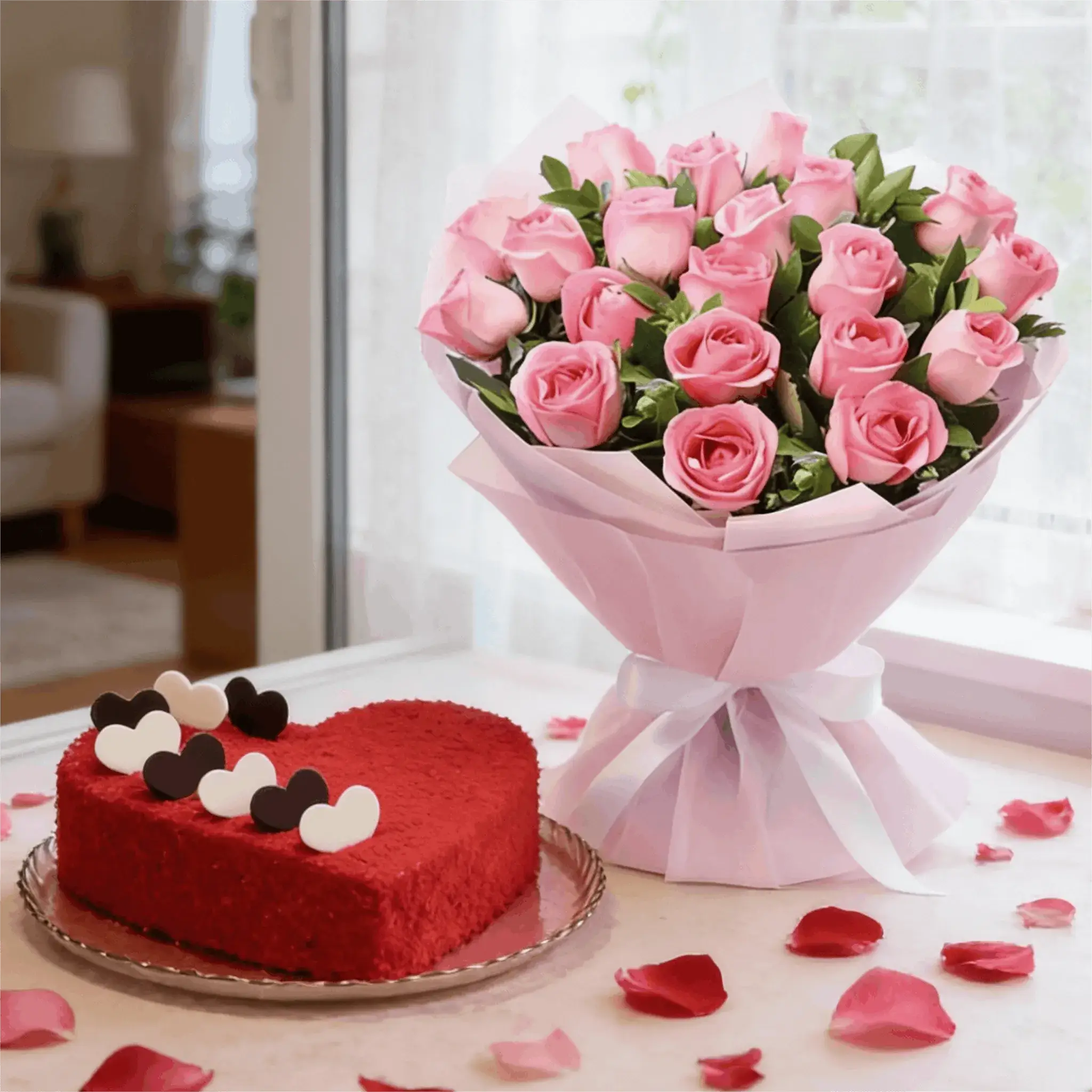 Pink Roses Bouquet & Cake